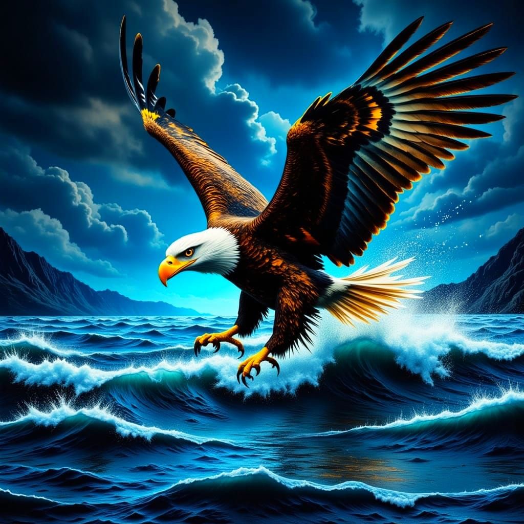Hyper-Realistic Eagle Dives into Ocean Waves