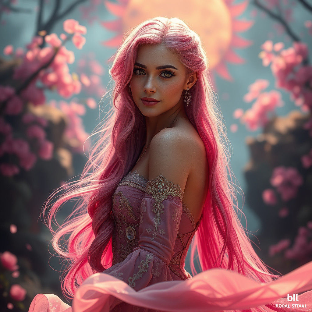 Ethereal Pink-Haired Woman in Fantasy Realm