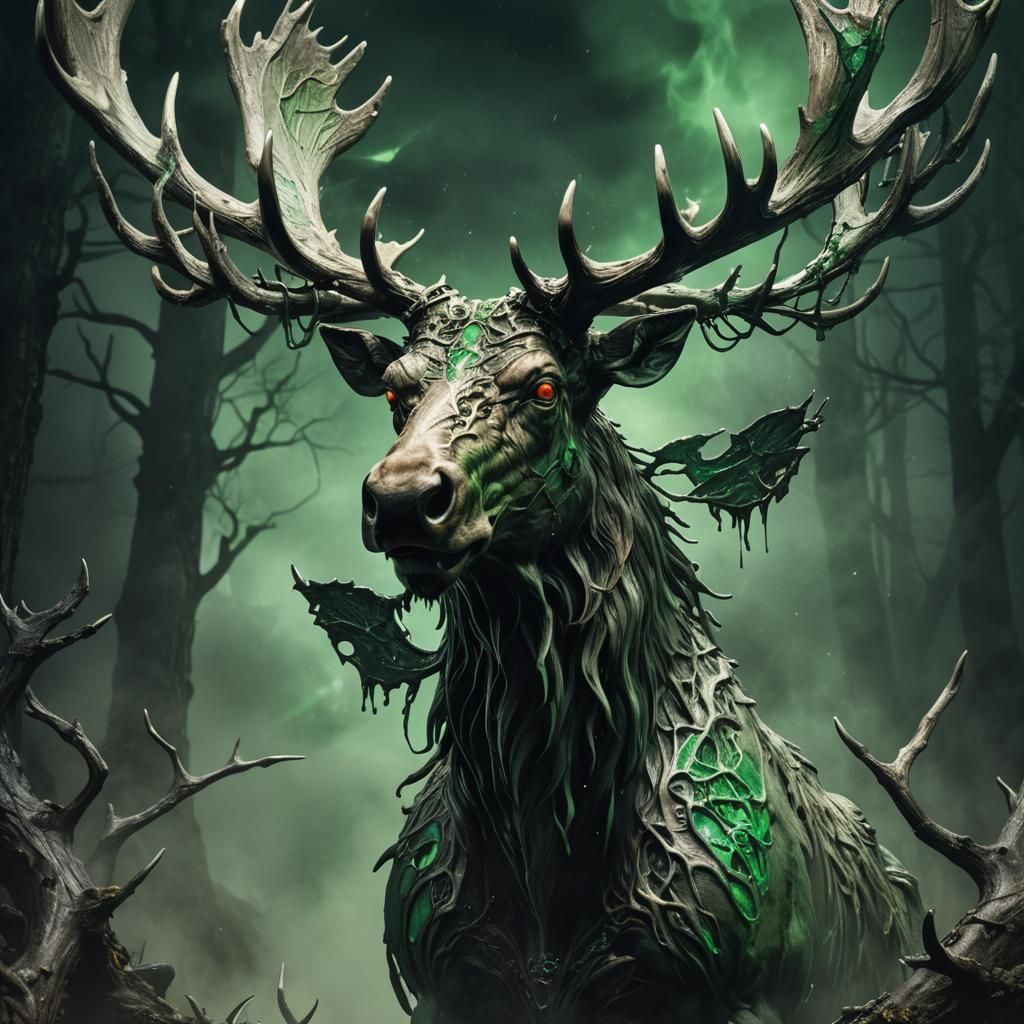 Demonic Porcelain Moose in Dark Fantasy Digital Art