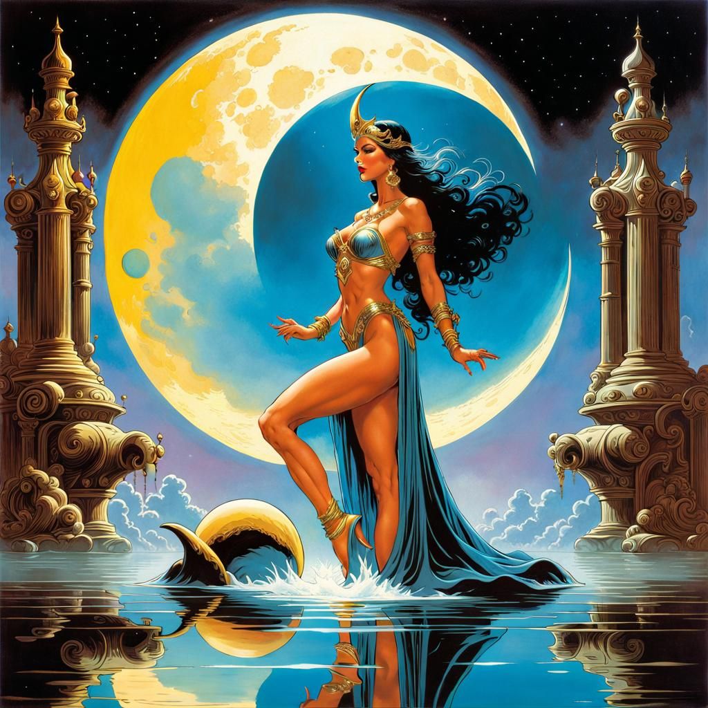 Ornate Moon Goddess and Mirrored Reflection