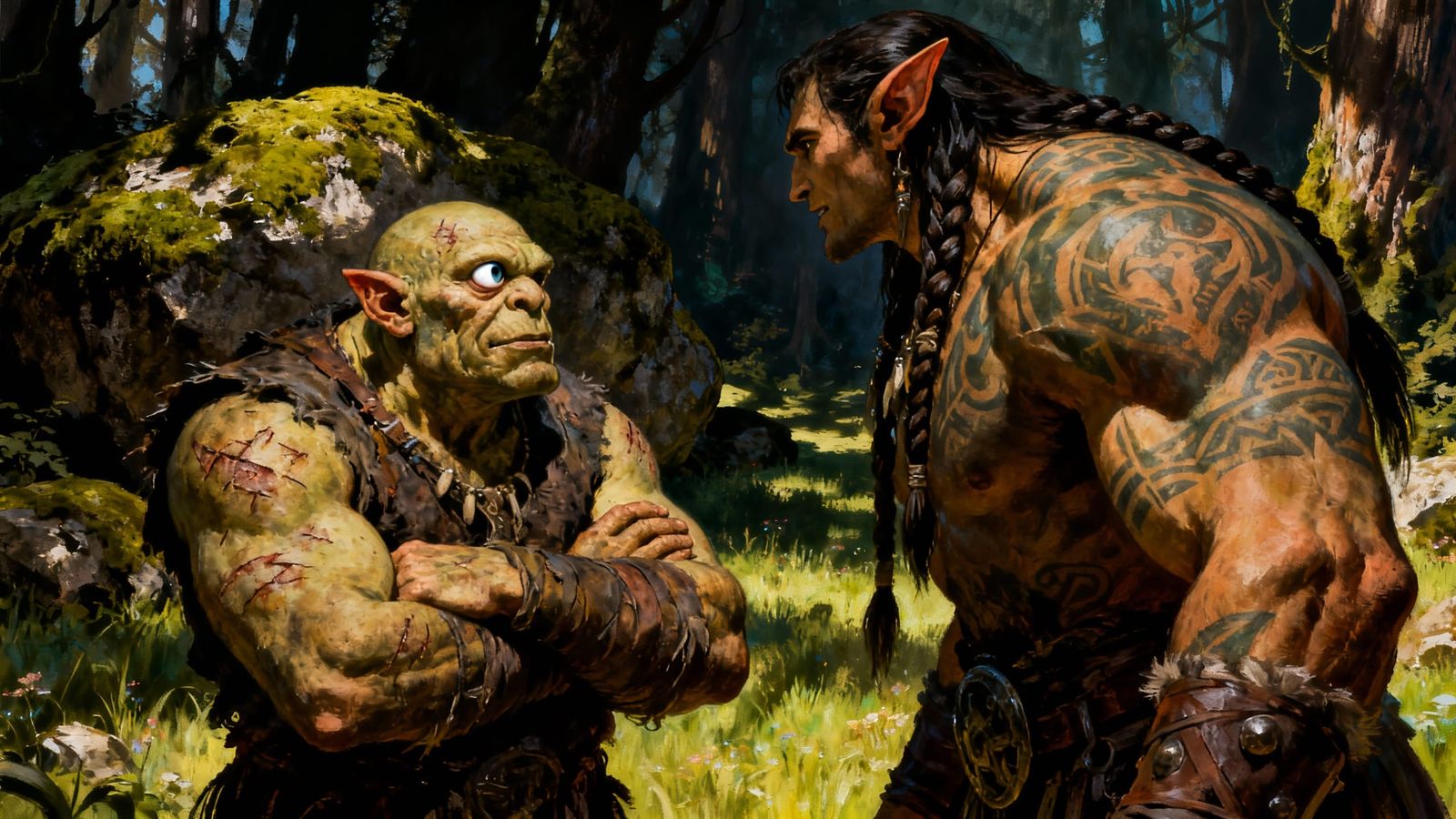 Cyclops and Elf Friendship in Enchanted Forest Art