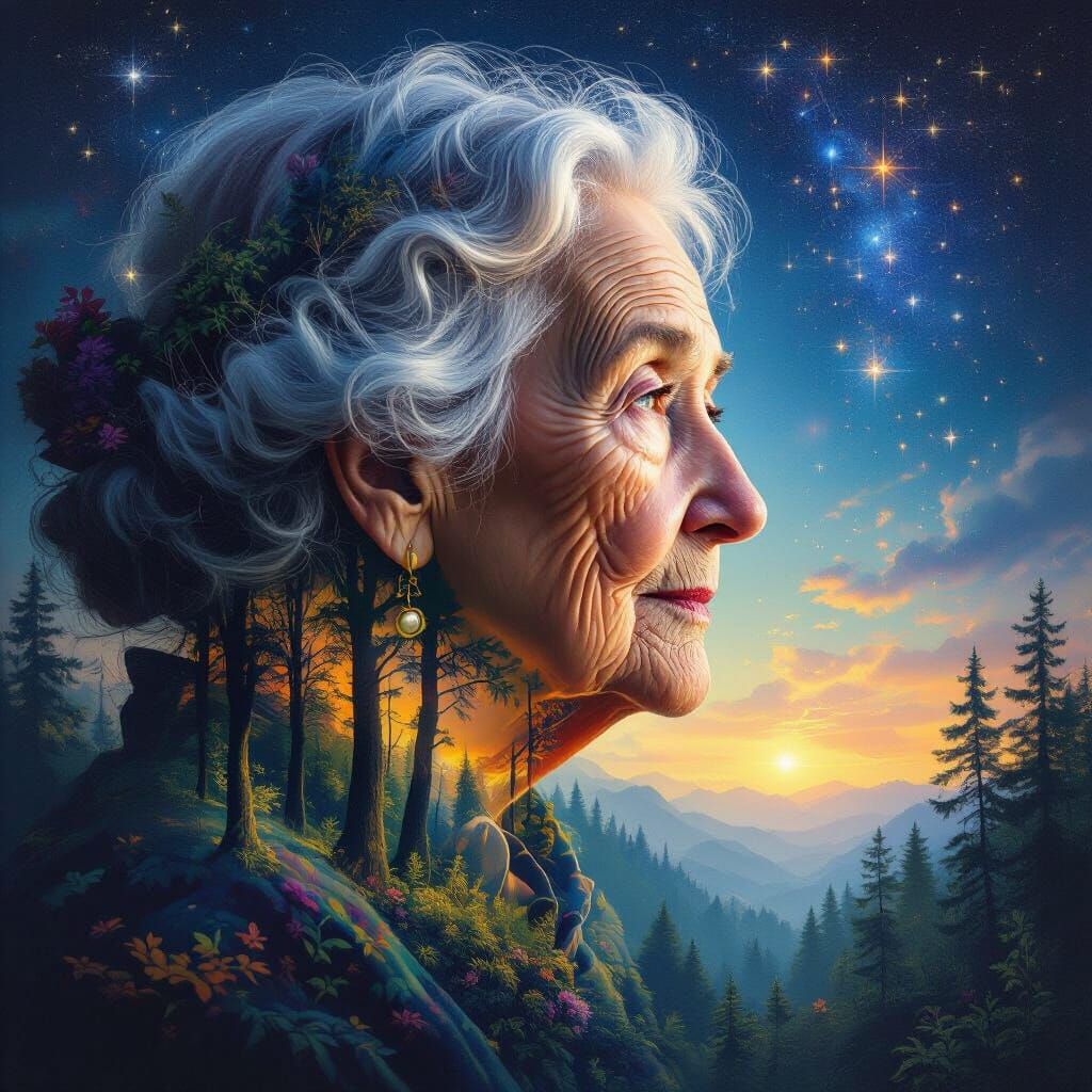 Double Exposure: Wise Woman and Forest, Oil Painting