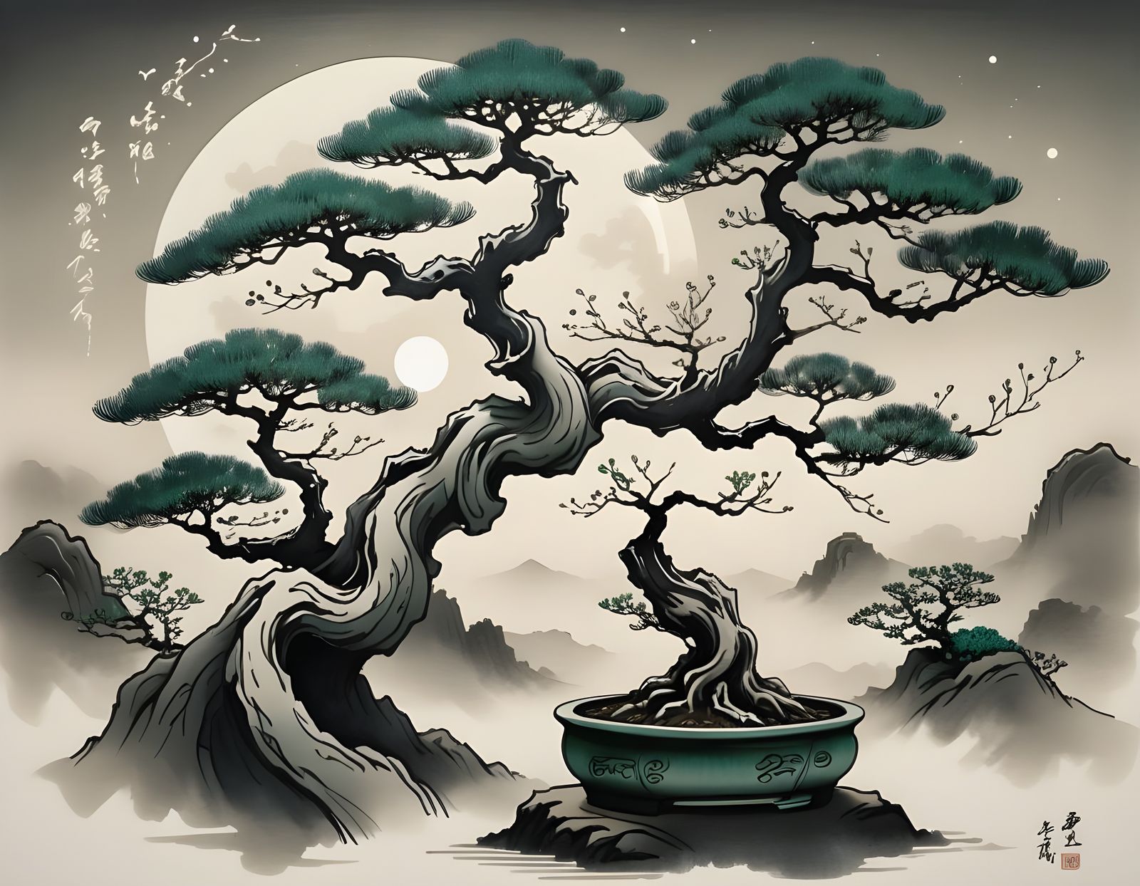 A Bonsai Tree in Elegant, Dark-Hued Swirls