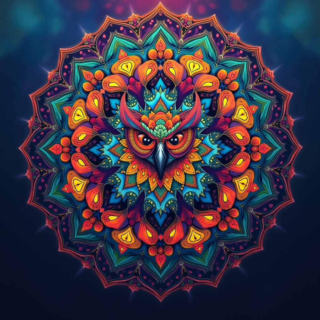 Mystical Dark Gradient Mandala with Vibrant Owl Centerpiece