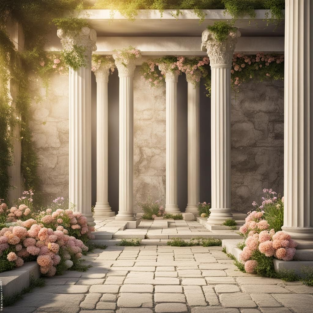 Classical Greek Columns and Garden with Flowers