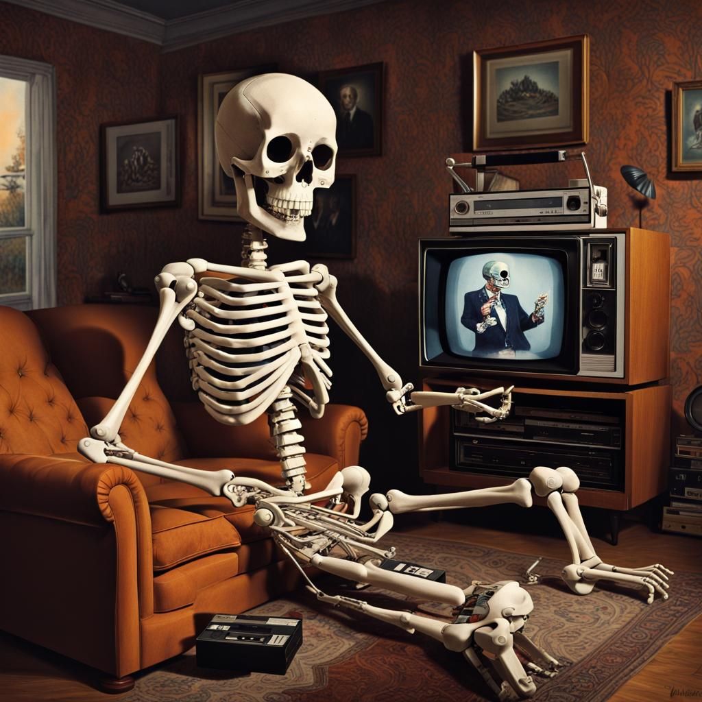 Anthropomorphic Skeleton Plays Betamax: Surreal Digital Art