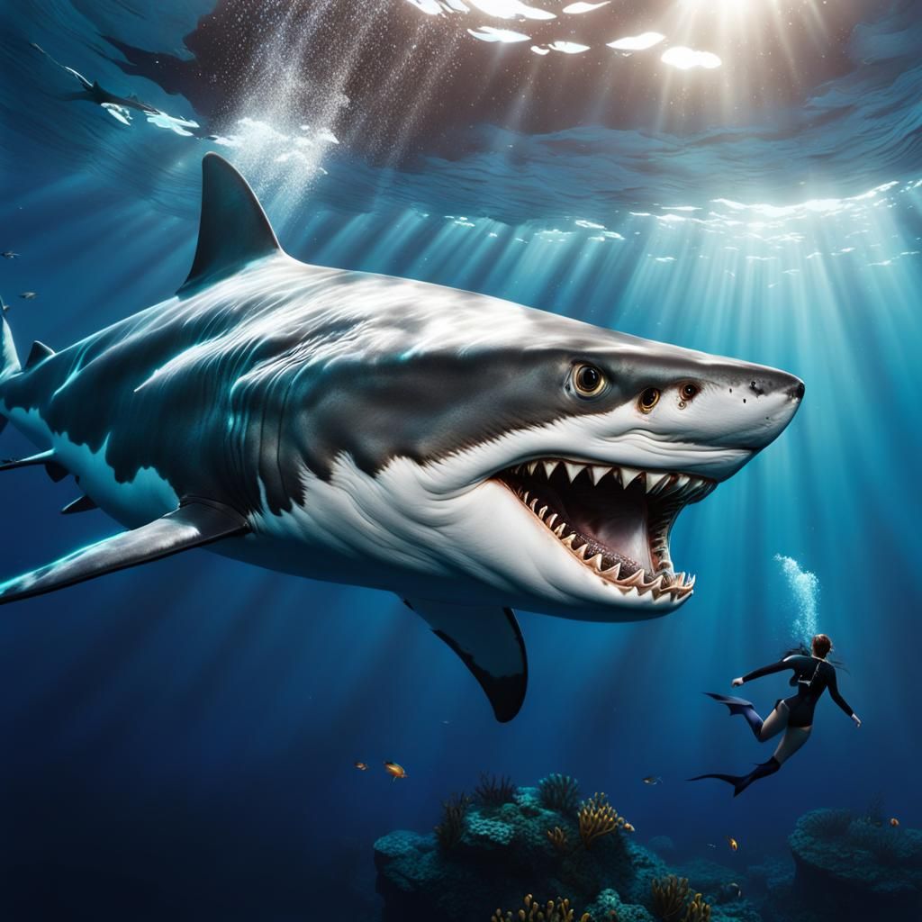 Woman Bites Shark in Underwater Fantasy Painting
