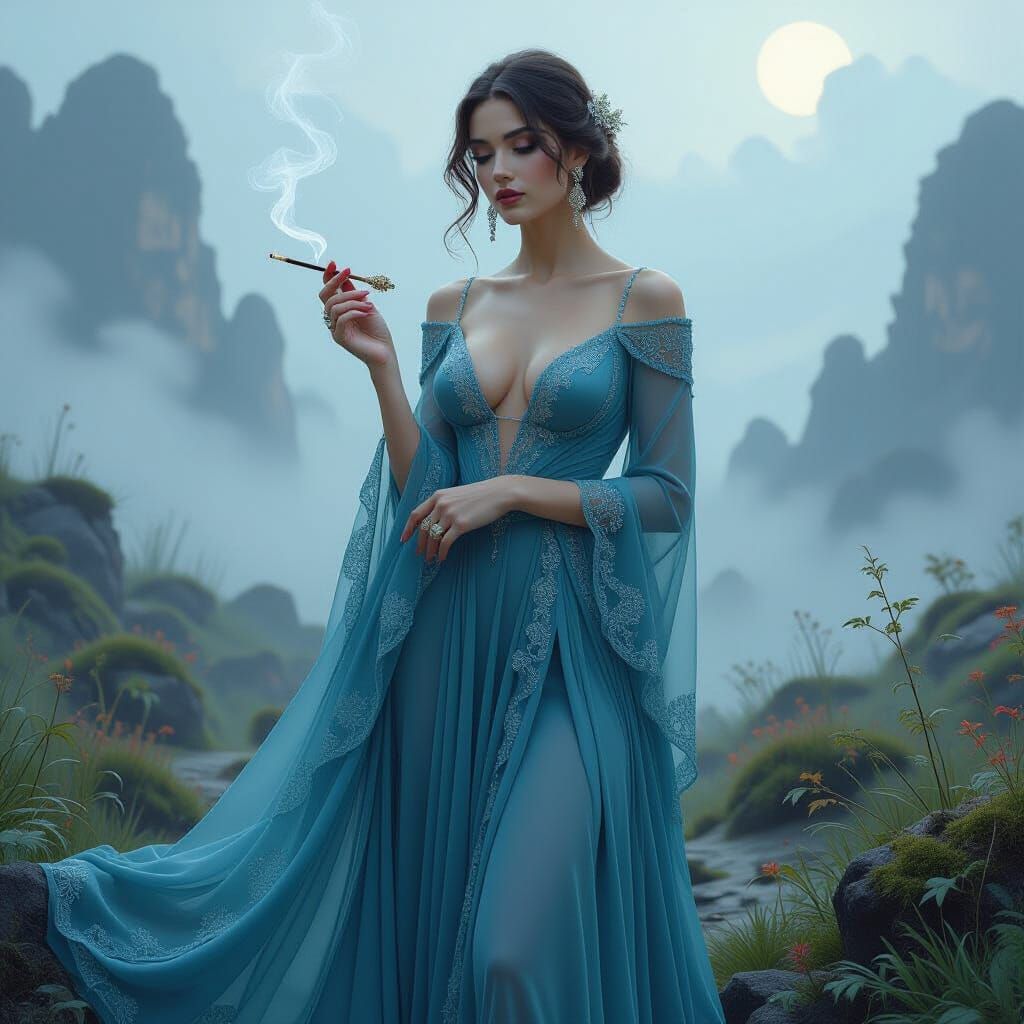 Woman in Gown in Mystical Landscape