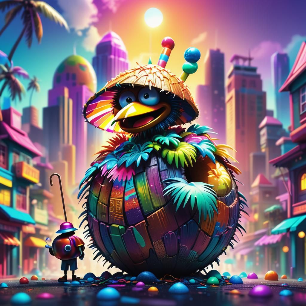 Coconut Candyman in Dreamlike Cityscape