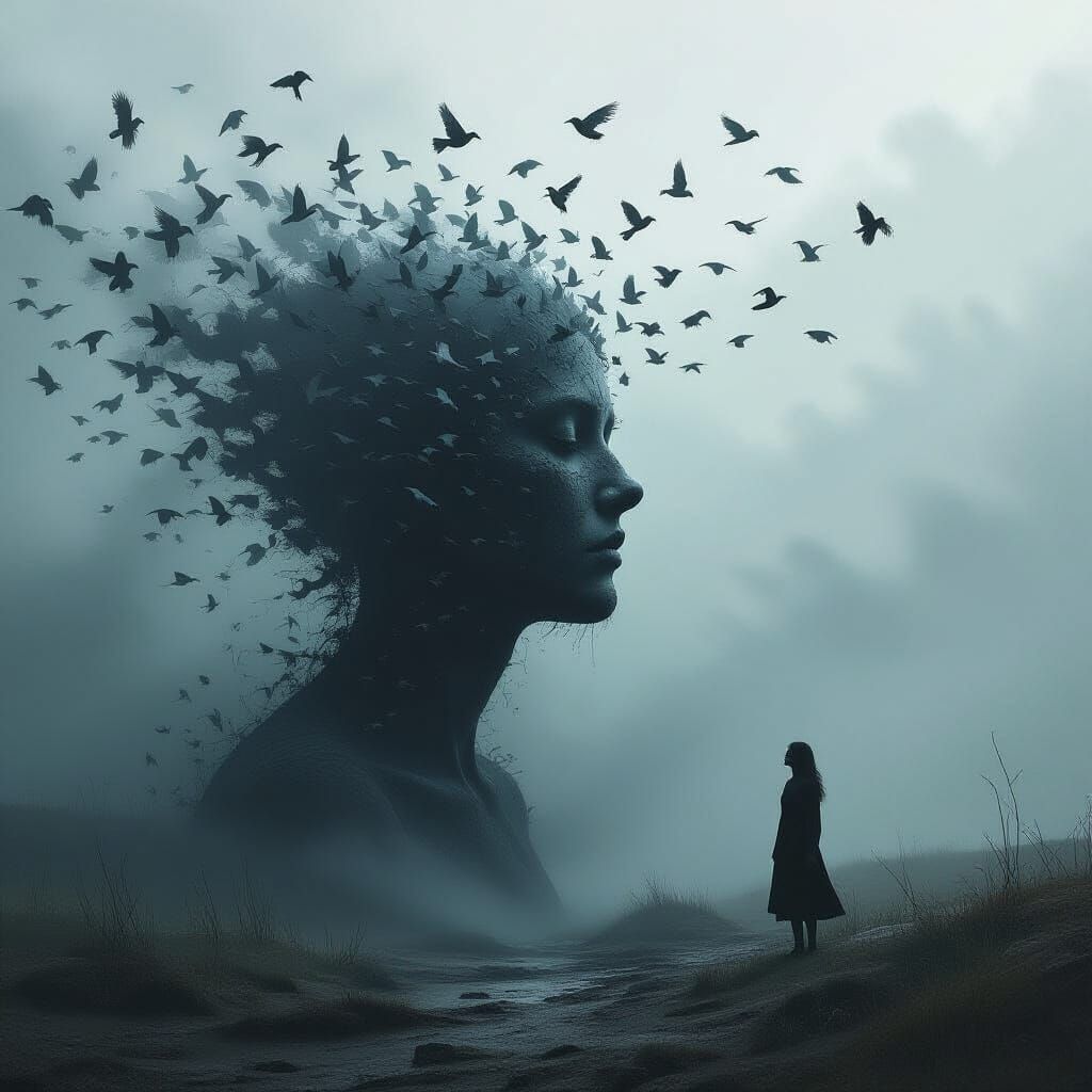 Surreal Human Murmuration in Dark, Atmospheric Style