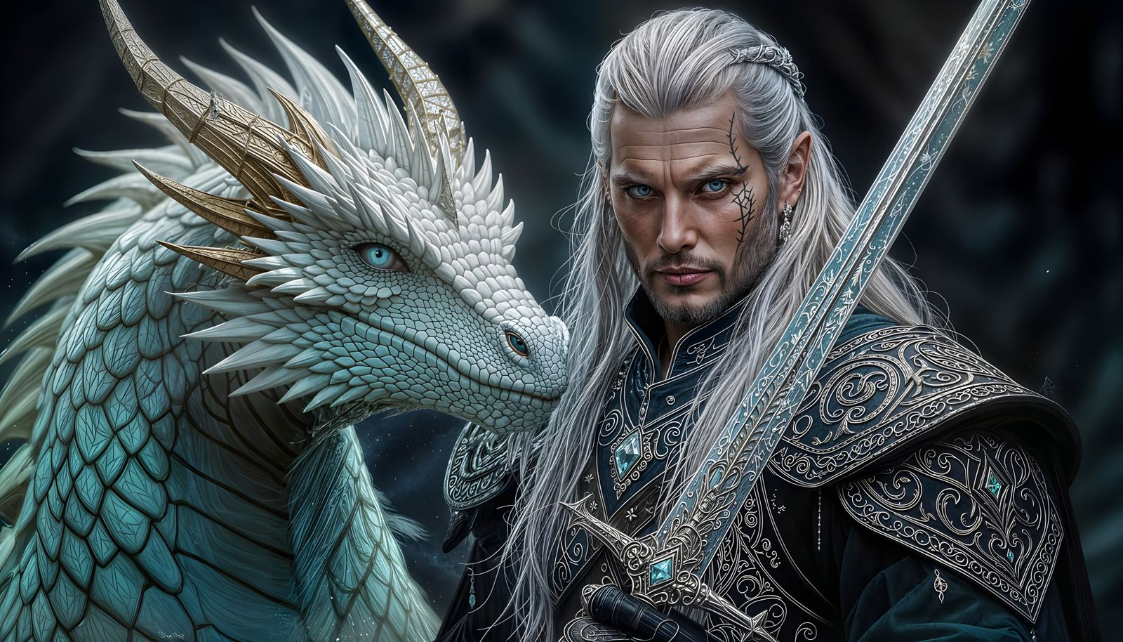 Fae Warrior with Dragon in Norse Landscape