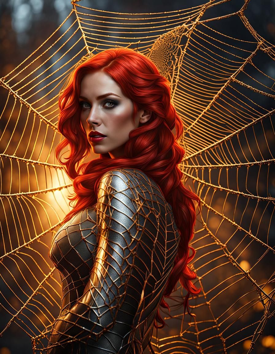 Redhead in Spiderweb: Detailed Digital Art