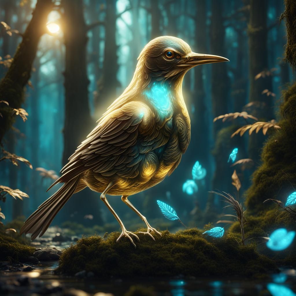 Bioluminescent Bird in a Magical Forest