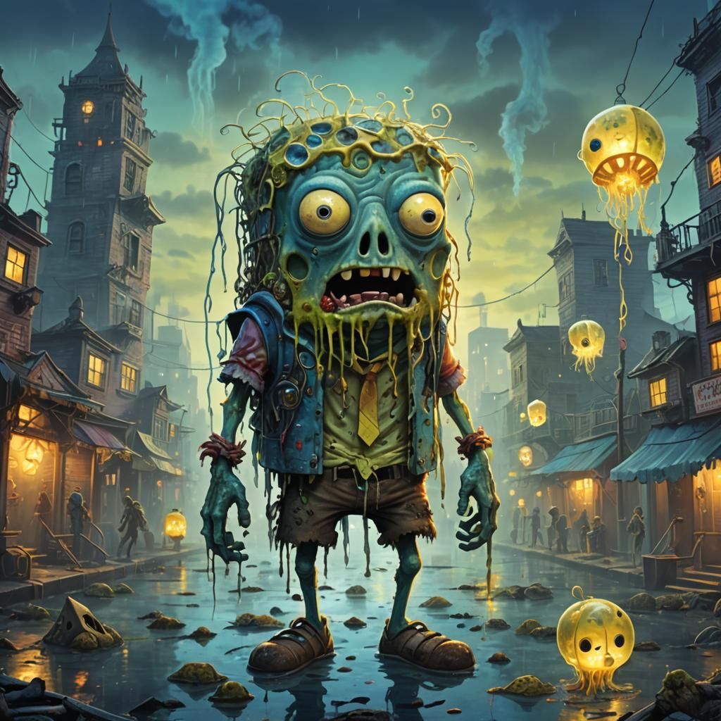 Zombie Spongebob in Ruined Cityscape