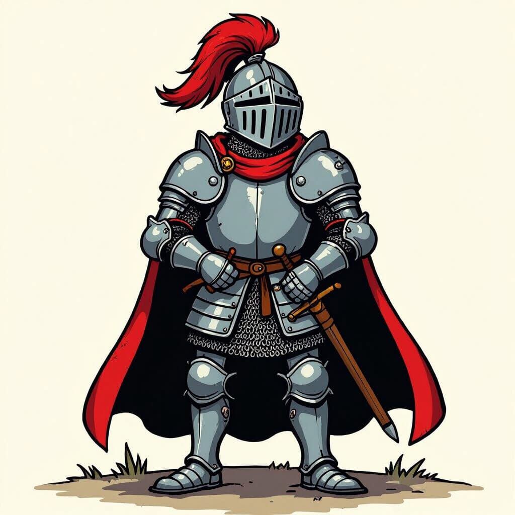 Cartoon Knight in Iron Armor Folk-Art Style