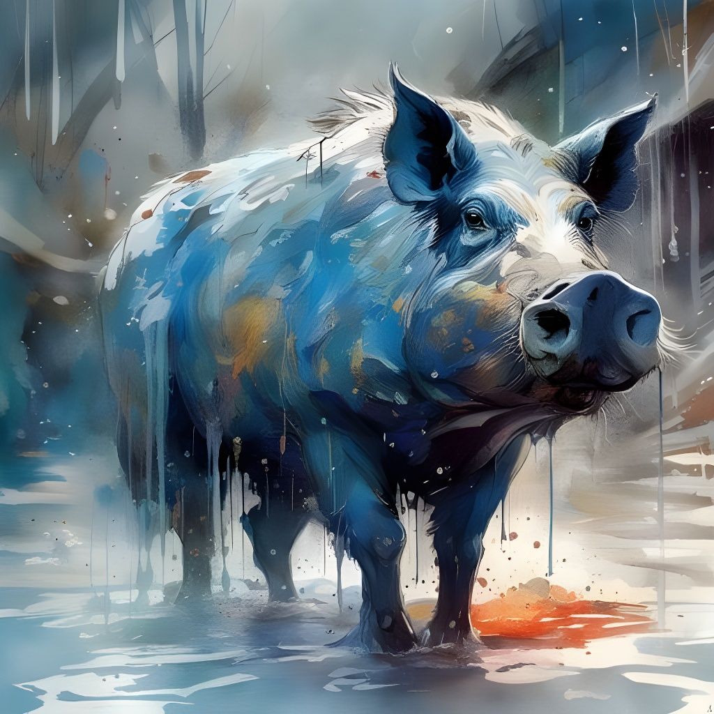 Blue Boar Symbol with Watercolor and Marbling Effects