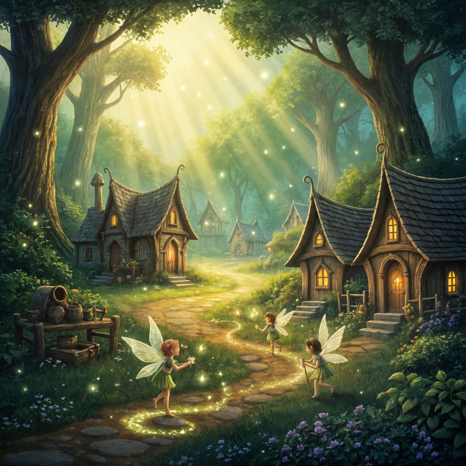 Magical Fairy Village in Sunlit Forest Clearing
