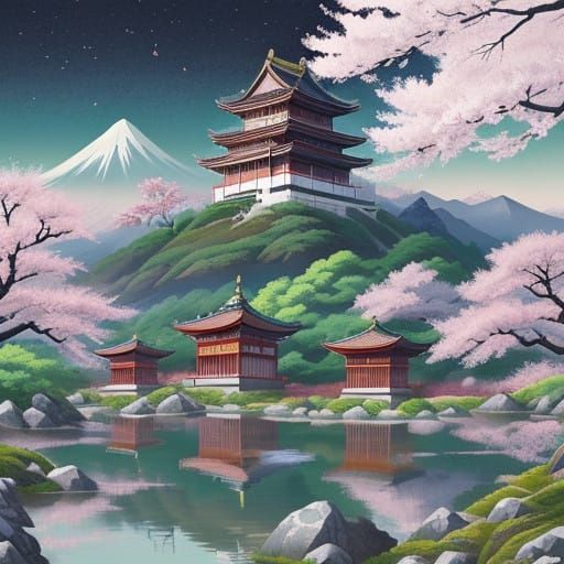 Dreamy Cherry Blossom Landscape with Traditional Pagodas