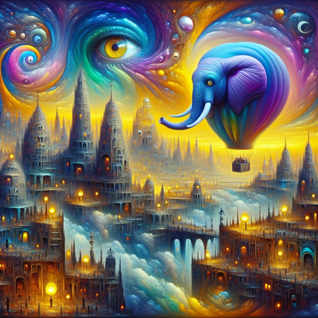 Surrealist Cityscape with Radiant Elephant Balloon