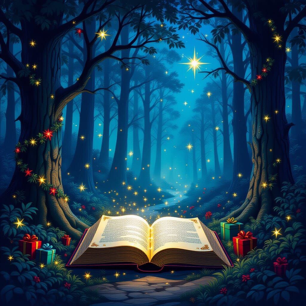 Magical Forest at Night with Fireflies and Stars