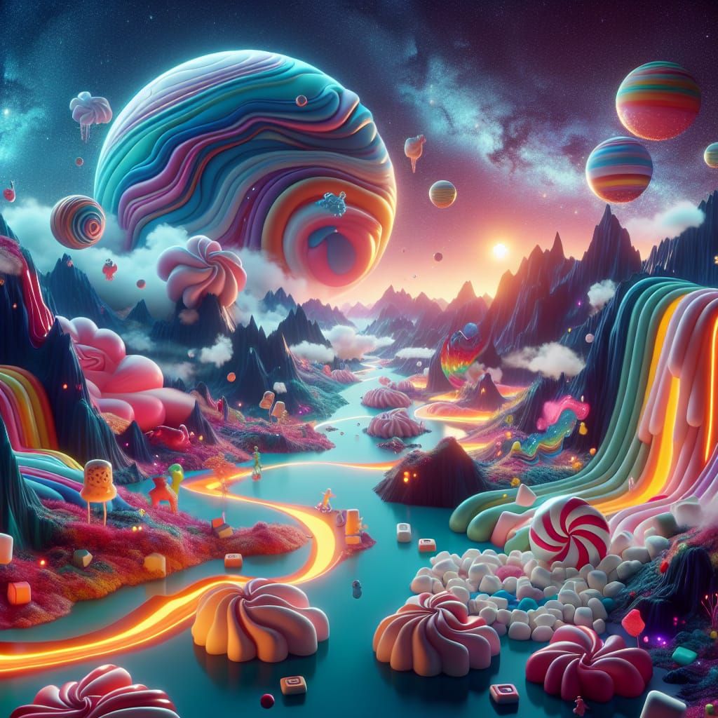 Candy Planet Dreamscape with Syrup Rivers and Marshmallow Mo...