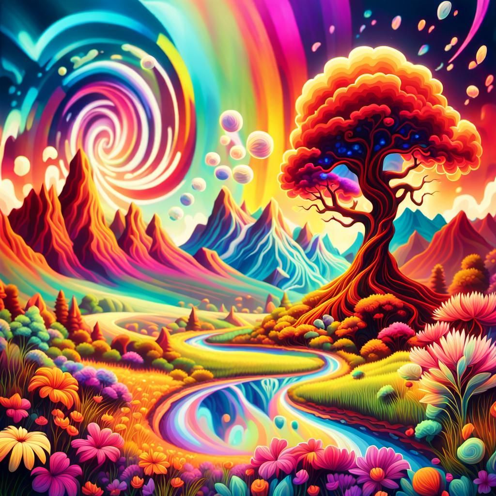 Kaleidoscopic Animation: Vibrant Flowers and Cosmic Elements