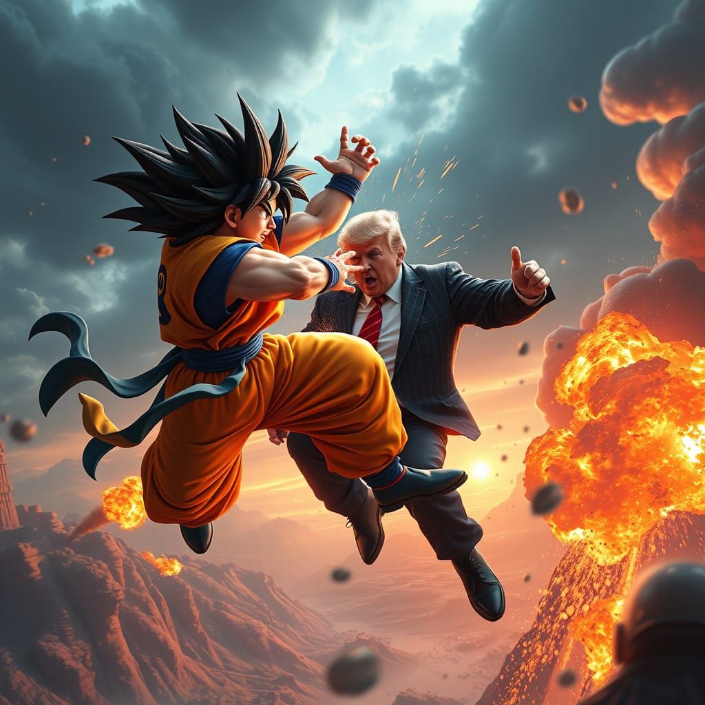 Epic Battle in the Skies: Goku vs Trump in Vibrant Fantasy