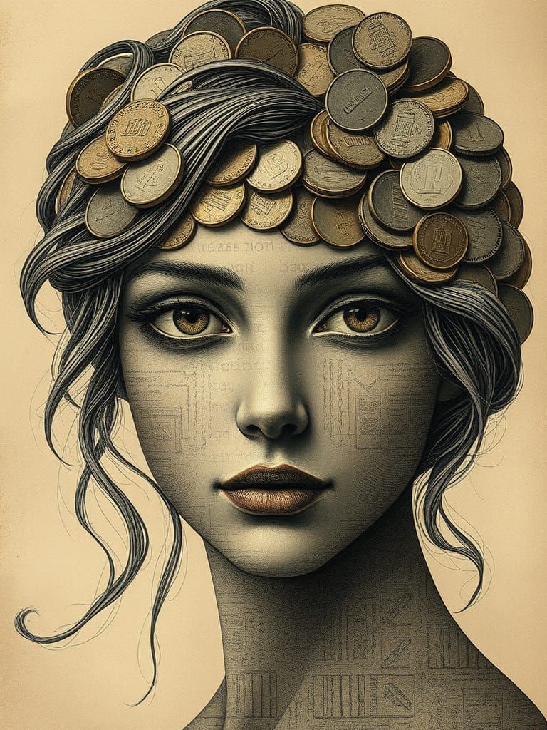 Surreal Portrait of Woman Made of Coins and Banknotes