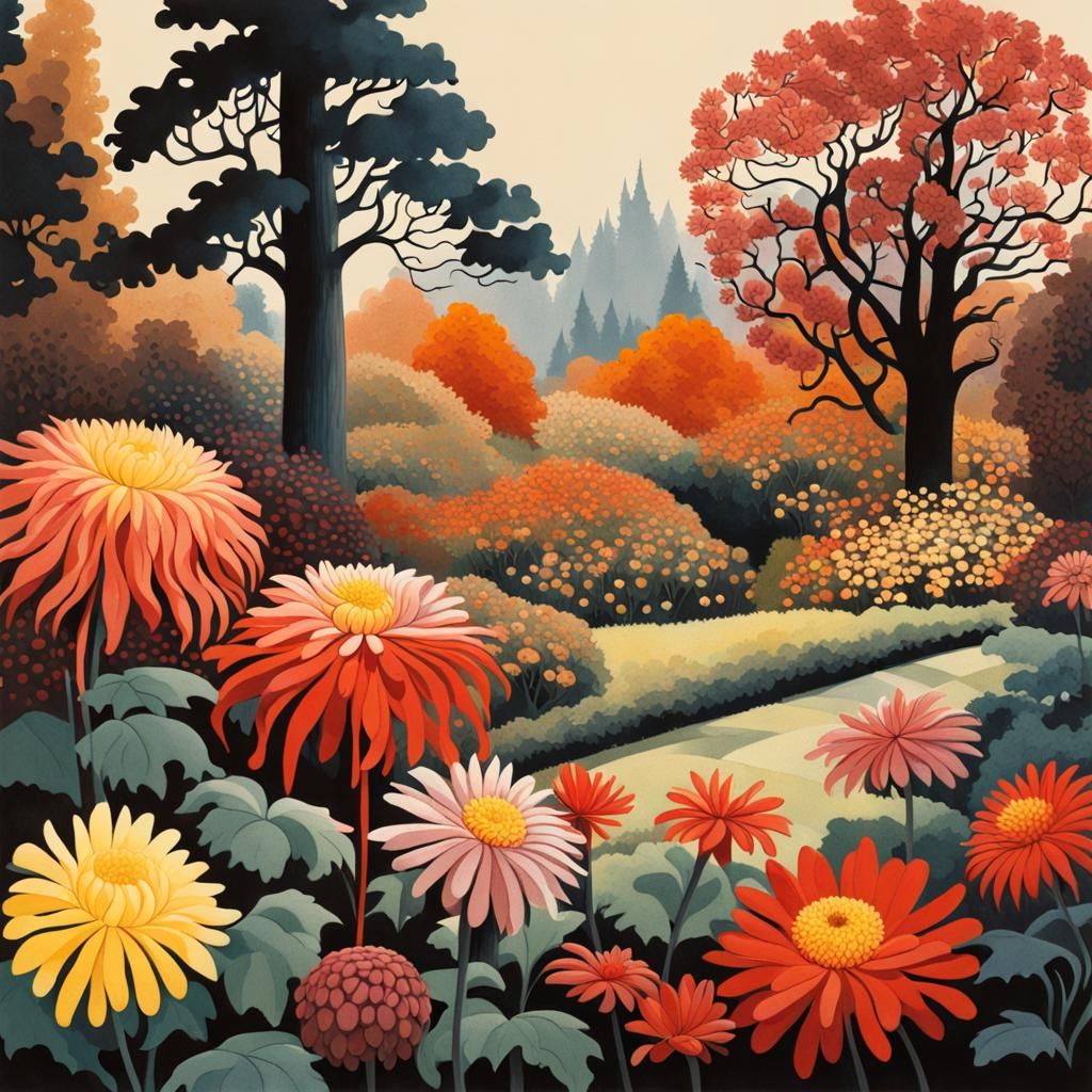 Autumn Chrysanthemum Dahlia Garden: Gouache Mid-Century Illu...
