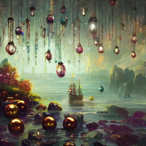 Light bulbs wine bottles spheres beads of black pearls