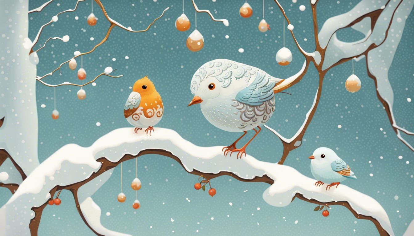 Birds in Winter Wonderland: Ornate Watercolor Illustration