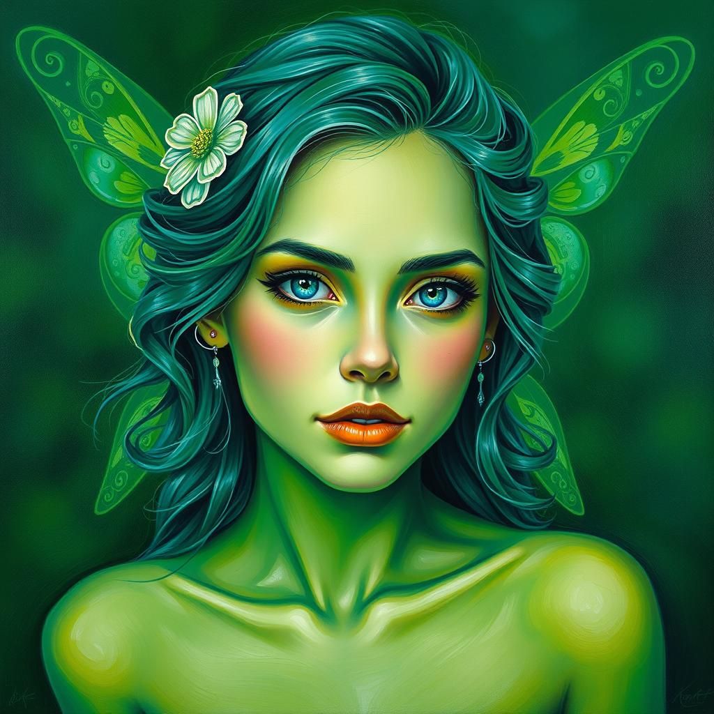Redemption of a Fairy: Green Oil Painting