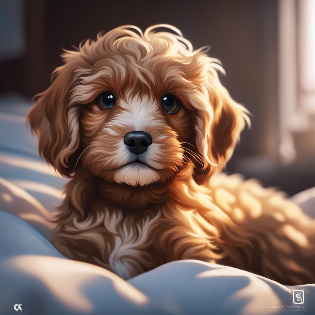 Hyperdetailed Cavoodle Puppy Portrait in Bed