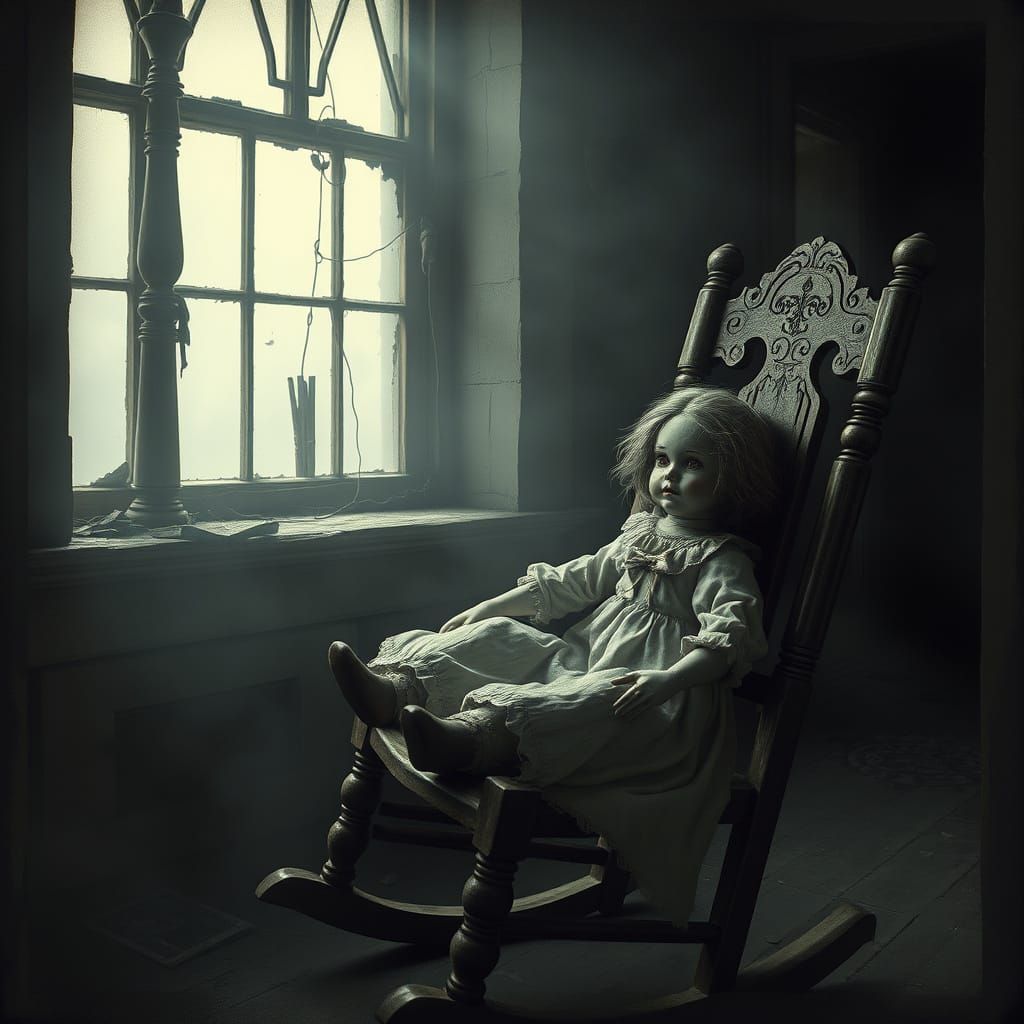 Creepy Doll in Abandoned House, Gustave Doré Style