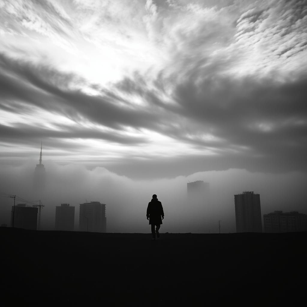 Solitary Figure in Foggy Cityscape, Black and White