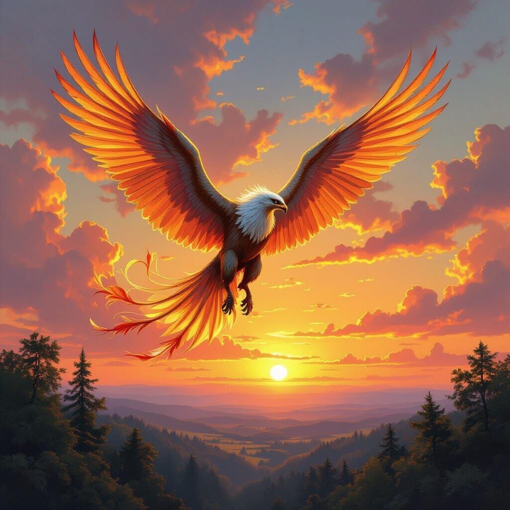 Griffin Soaring Through Sunset Sky in Fantasy Style