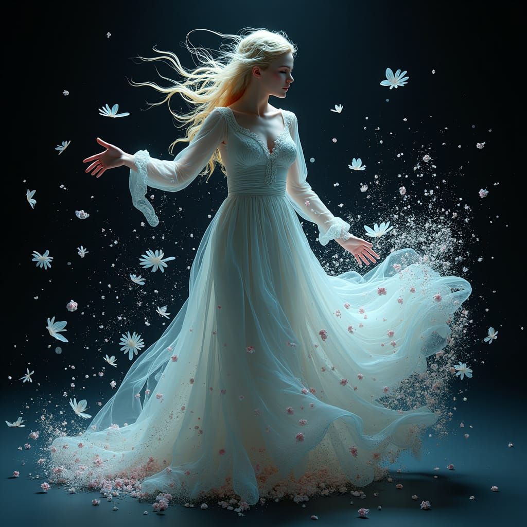 Ethereal Woman's Dance in Dreamlike Landscape