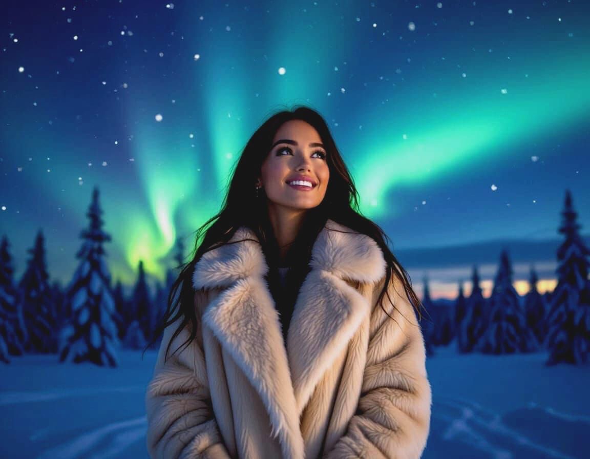 Winter Woman Under Northern Lights in Faux Fur Coat