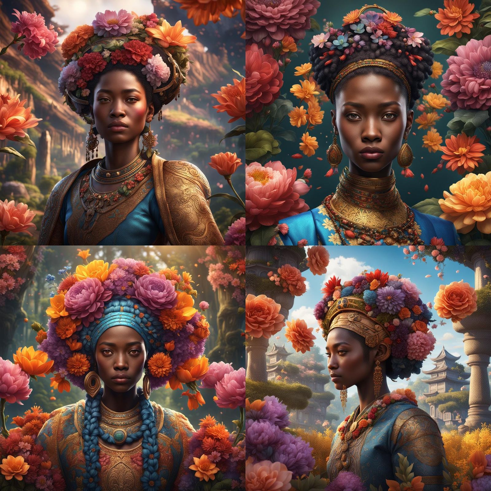 Diverse Group with Flowers, Detailed Digital Art