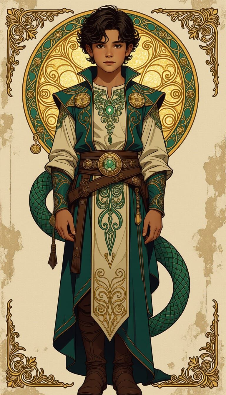 Latino Boy in Serpent Attire: Art Nouveau Cyberpunk