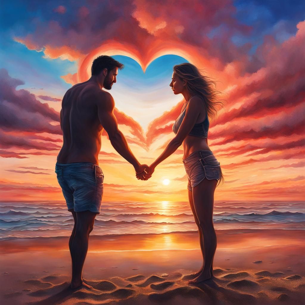 Romantic Beach Heart Sunset in Hyperrealistic Style