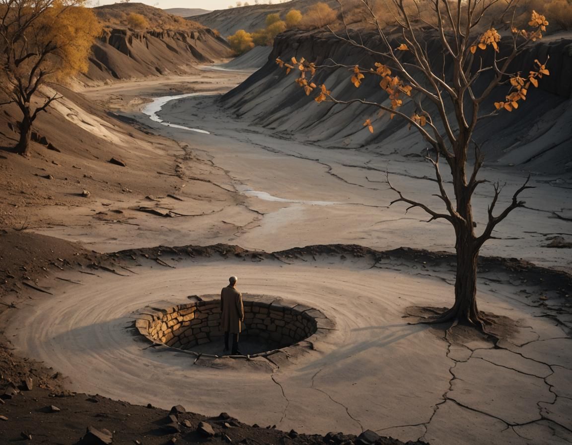 Contemplation in Surreal Landscape: A Cinematic Oil Painting