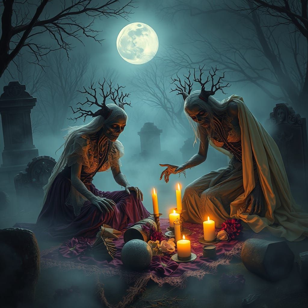 Ethereal Zombies Gather in Cemetery Under Full Moon