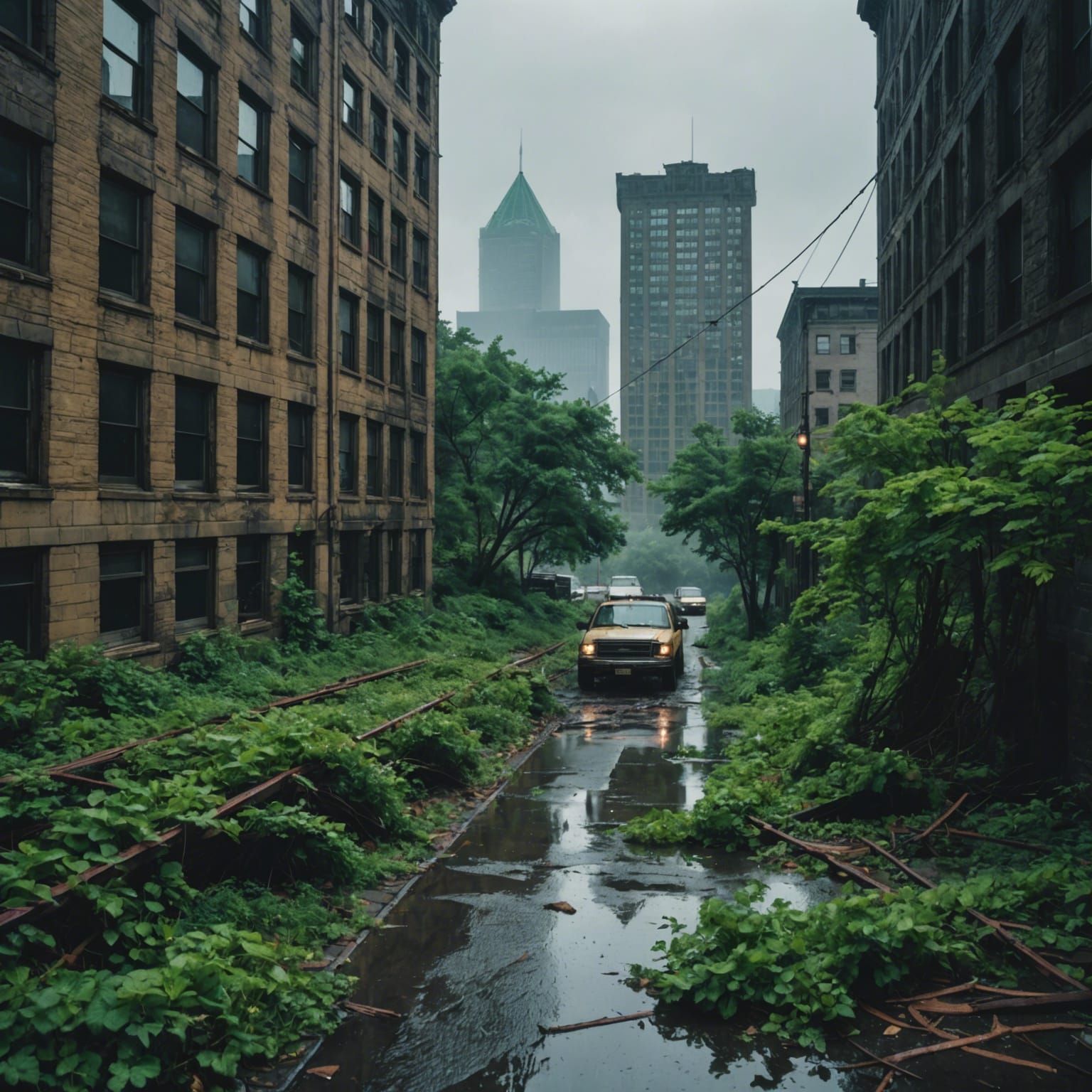 Ruined Overgrown Pittsburgh in Rainstorm: Cinematic Film Sti...
