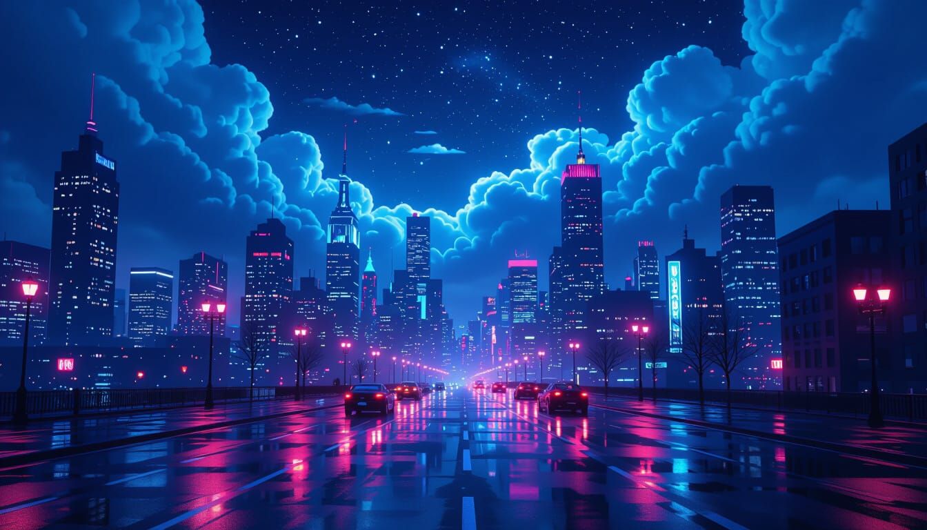 Surreal Midnight Cityscape with Neon Reflections
