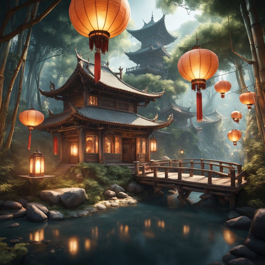 Secluded Bamboo Teahouse in Matte Painting Style