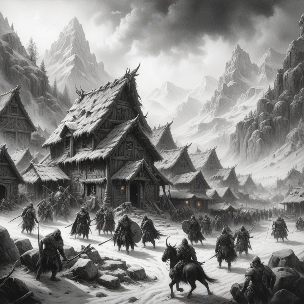 Epic Chiaroscuro Charcoal Art of Cimmerian Village