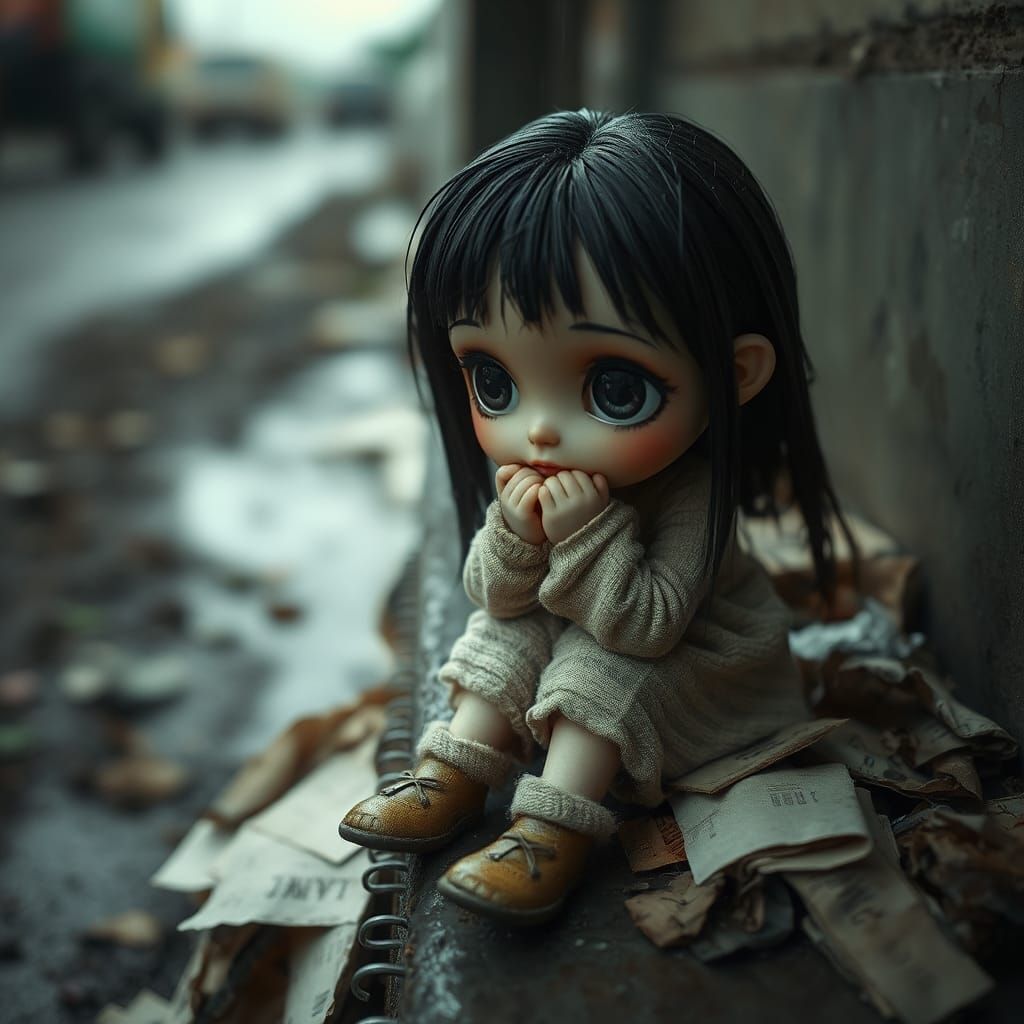 Despairing Chibi Doll on Garbage Pile
