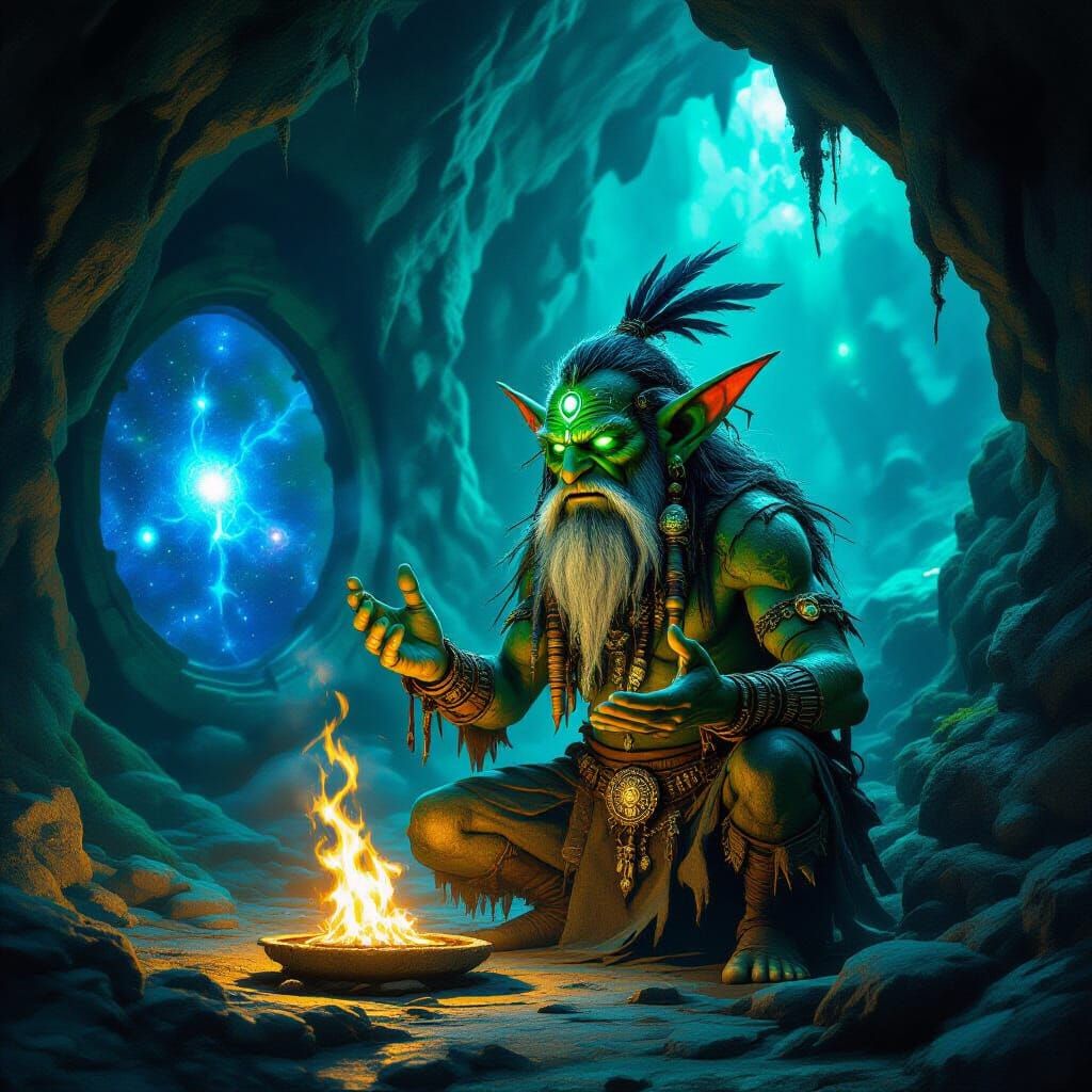 Goblin Shaman Ritual in Bioluminescent Cavern