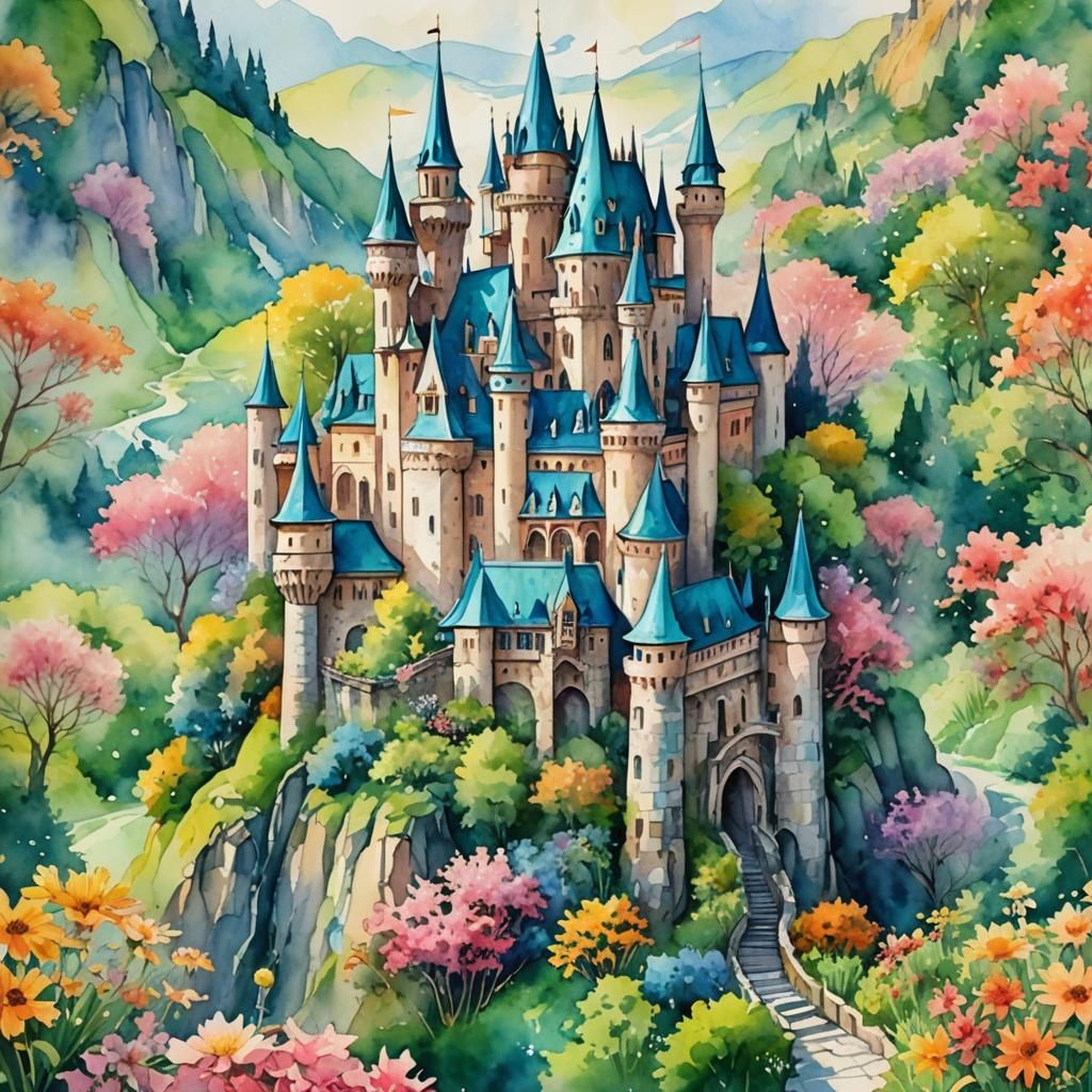 Watercolor Castle with Flower Gardens and Marbled Texture